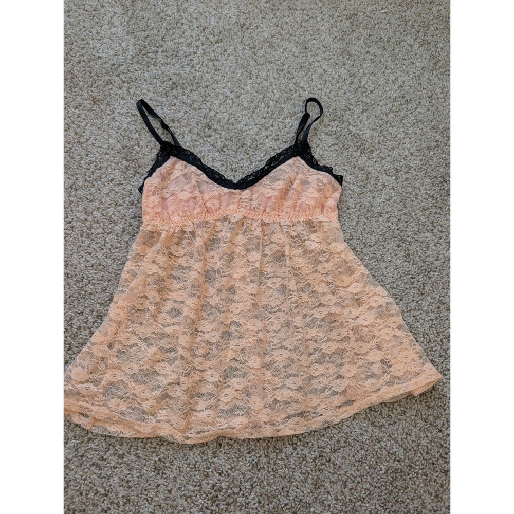 Tart Intimates Peach Black Lace Babydoll Lingerie Top Small Floral Sheer Bows